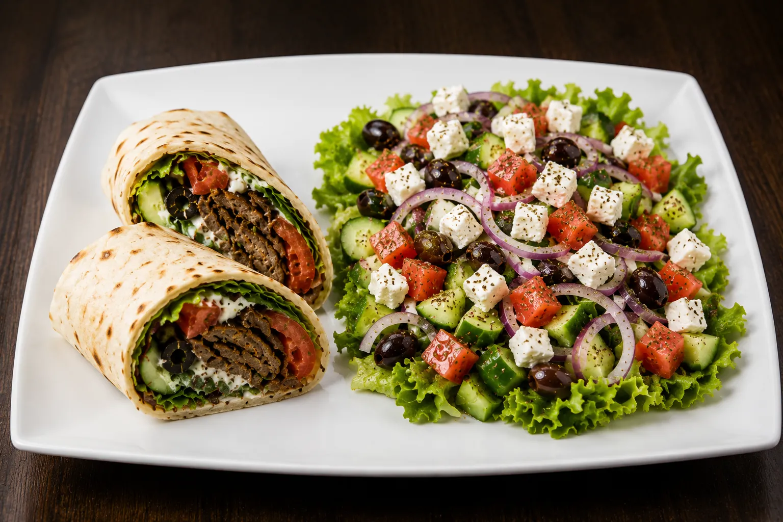 Halal donair wrap cut in half with a side garden salad and creamy dip at DJ Donair & Poutine, south Edmonton