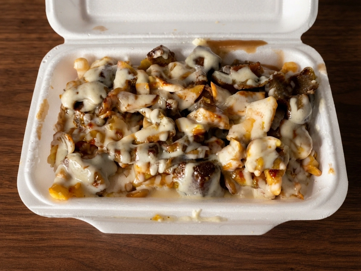 Crispy bites smothered in creamy garlic sauce and hot sauce with a side of fries at Everest Momos & Hakka Chinese – DJ Donair & Poutine in south Edmonton