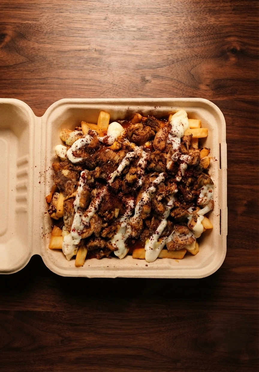 Cast iron skillet of bubbling melted cheese with shrimp, seasoned rice, dips and lime at Everest Momos & Hakka Chinese – DJ Donair & Poutine in south Edmonton